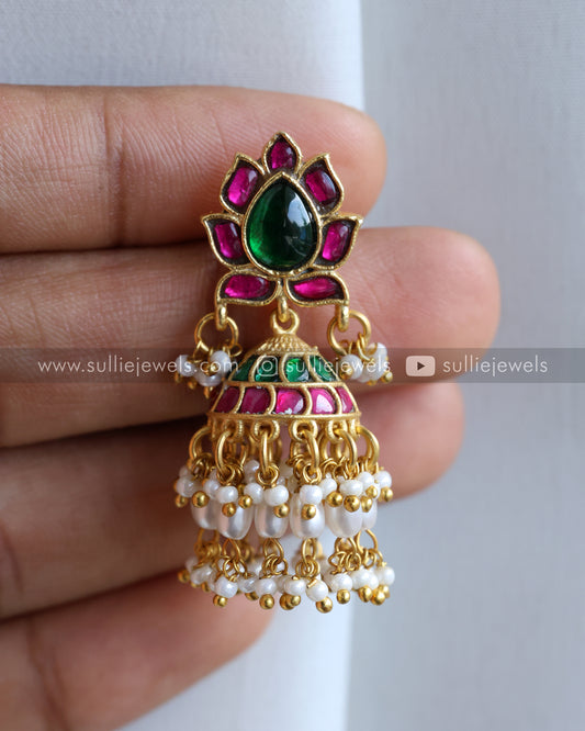 Jadau Kemp Lotus Double Layer Pearl Premium Jhumka