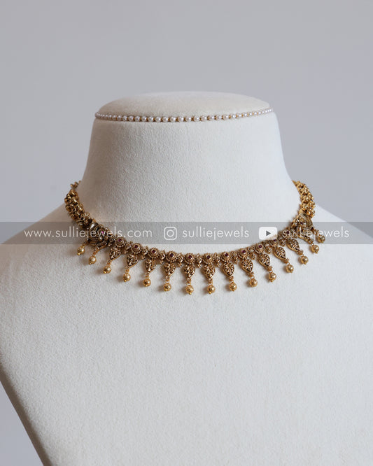 Gold Beads Floral Leaf Necklace with Stud