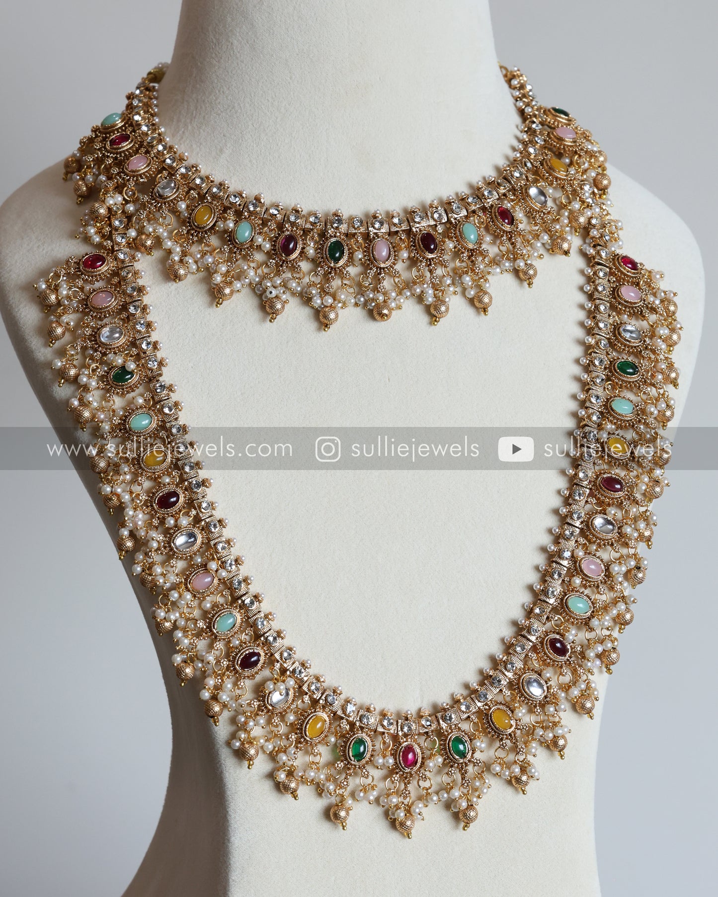 Sullie Basic - Multicolour Stone Guttapusalu Bridal Combo with Earring ( 3 piece )