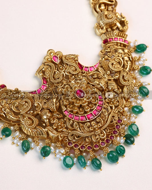 No Idol Premium Peacock Antique Chain with Earring - Green Beads