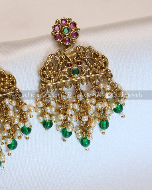 Green Pearl Drops Designer Gold Earring