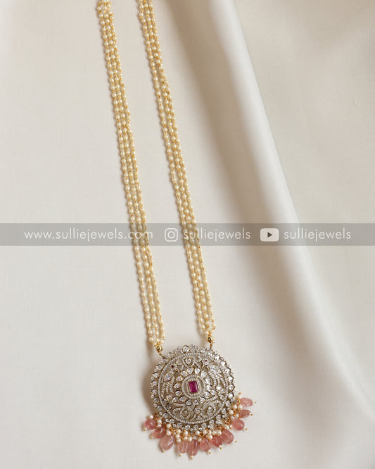 AD Premium Pastel Pink Beads Pendant with Pearl Chain and AD Earrings