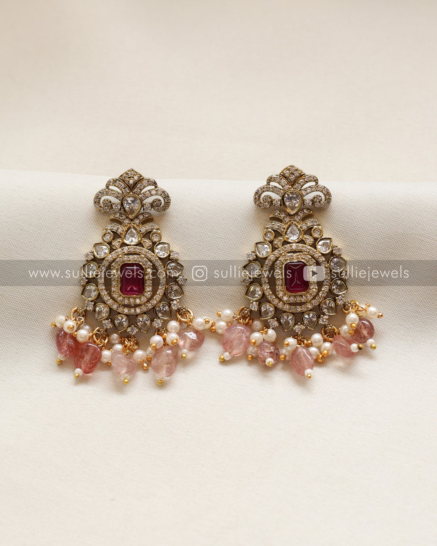 AD Premium Pastel Pink Beads Pendant with Pearl Chain and AD Earrings