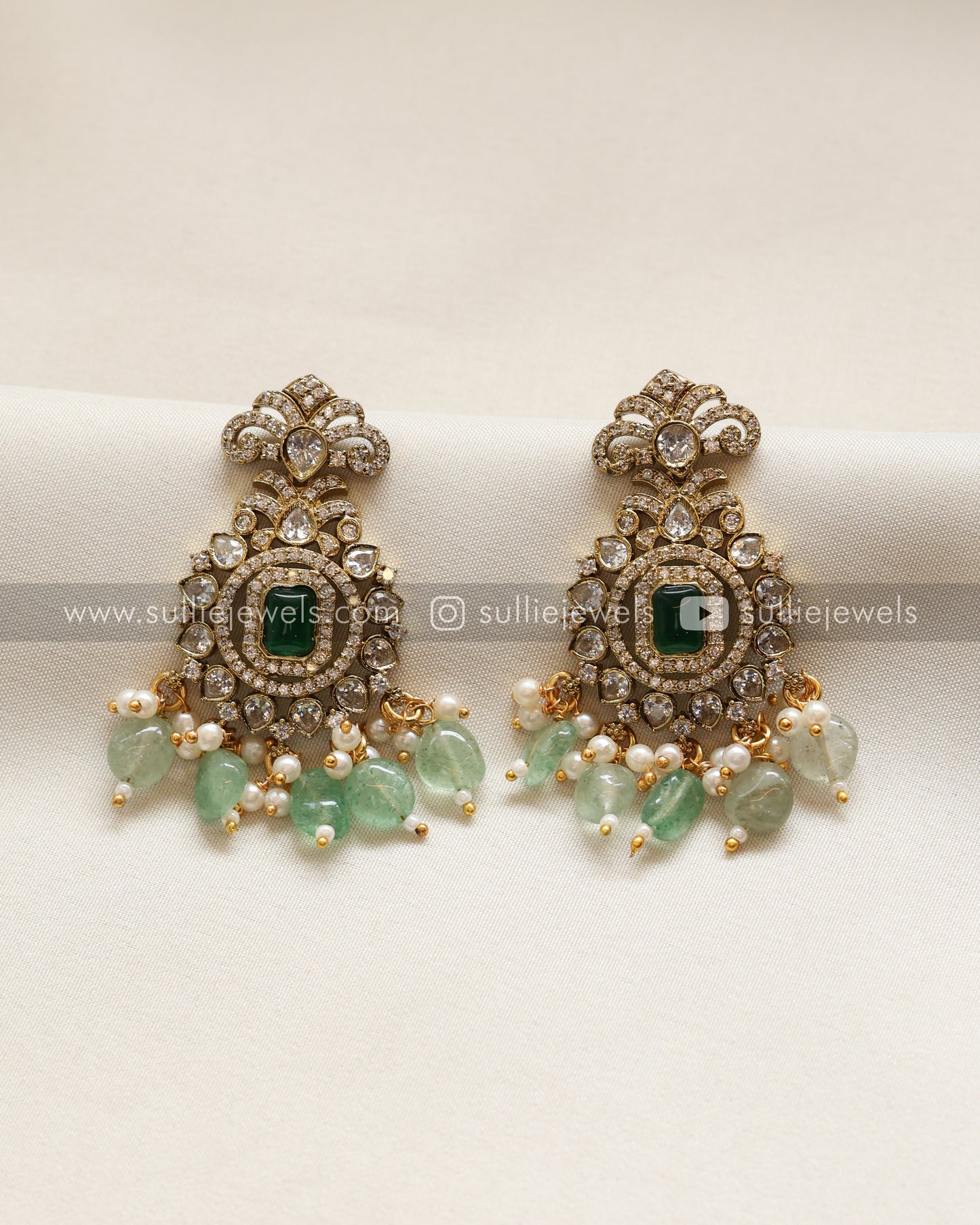 AD Premium Pastel Green Beads Pendant with Pearl Chain and AD Earrings