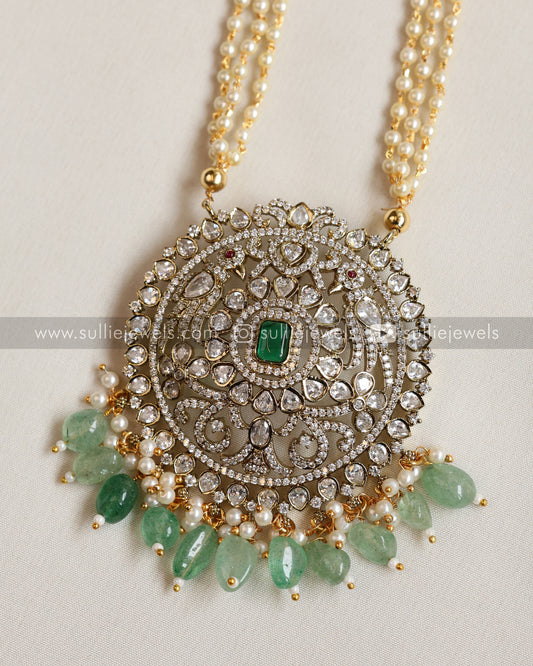 AD Premium Pastel Green Beads Pendant with Pearl Chain and AD Earrings