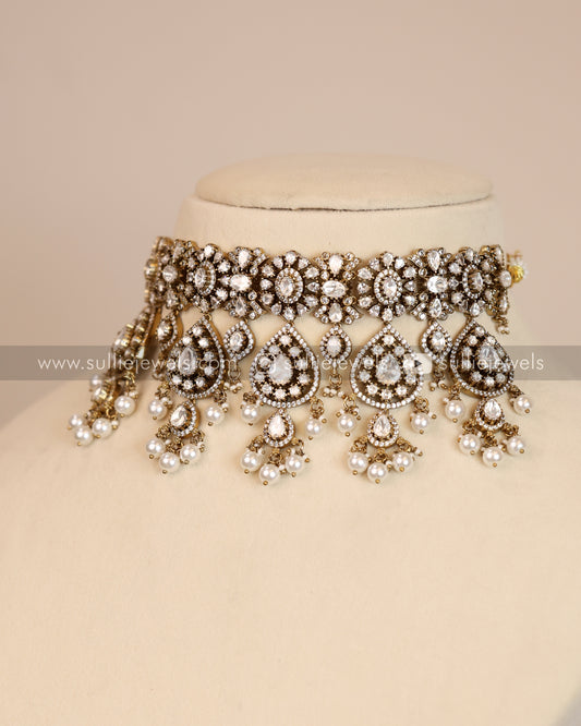 Premium Polki White Heavy Choker / Necklace with Earrings
