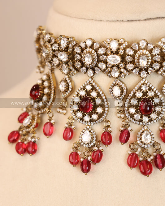 Premium Polki Ruby Heavy Choker / Necklace with Earrings