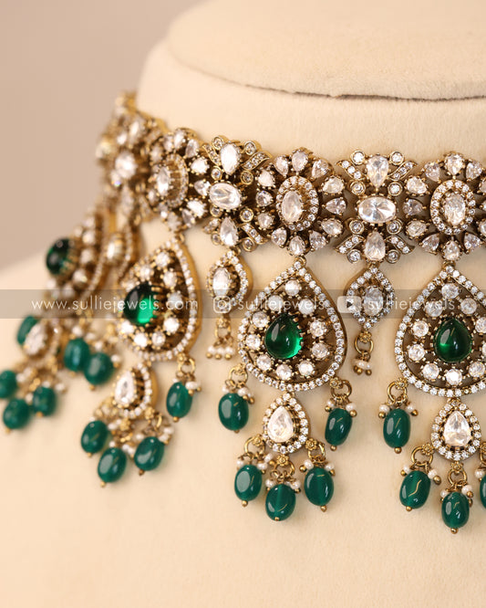 Premium Polki Green Heavy Choker / Necklace with Earrings