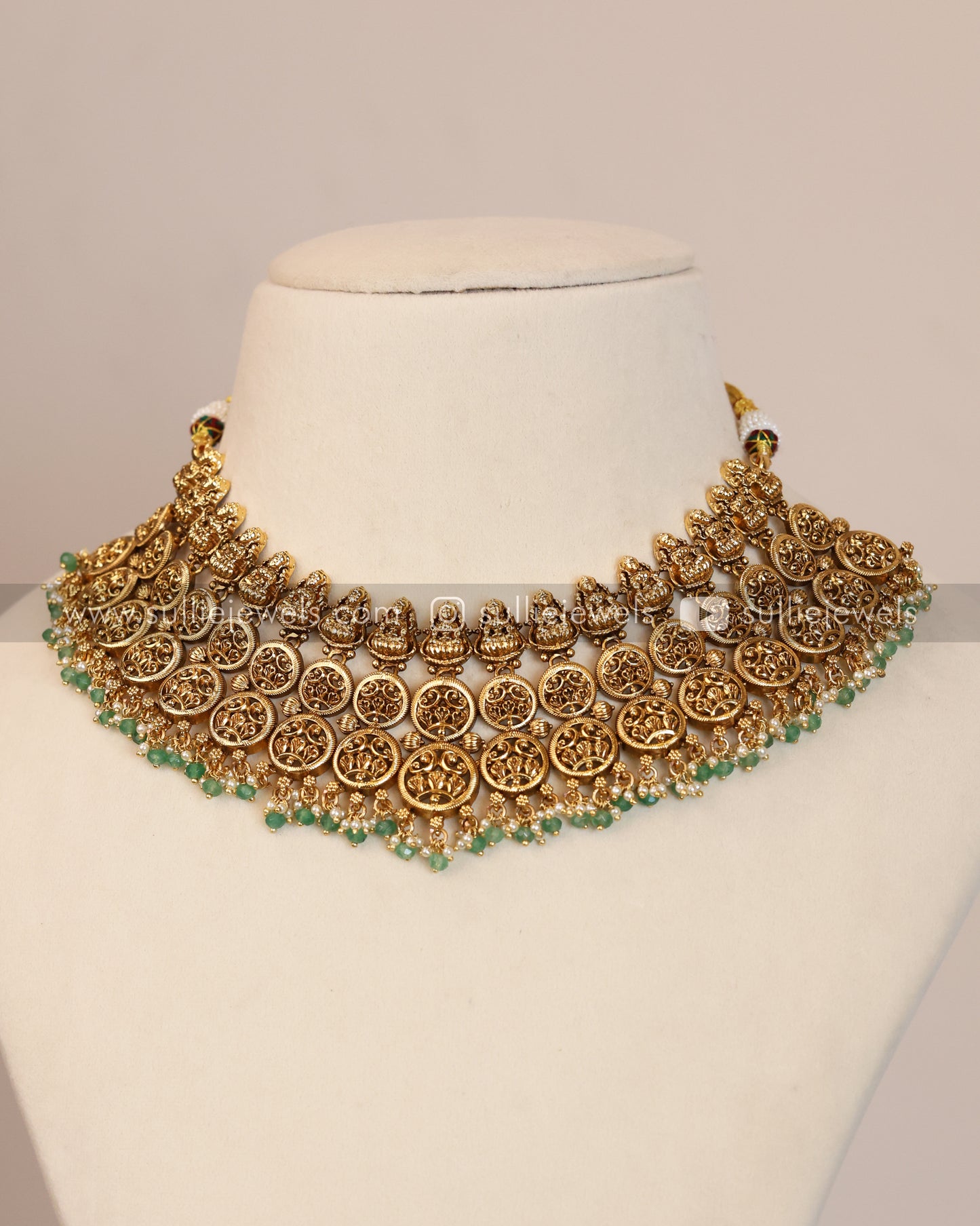 Lakshmi Premium Broad Necklace Necklace with Stud - Mint beads