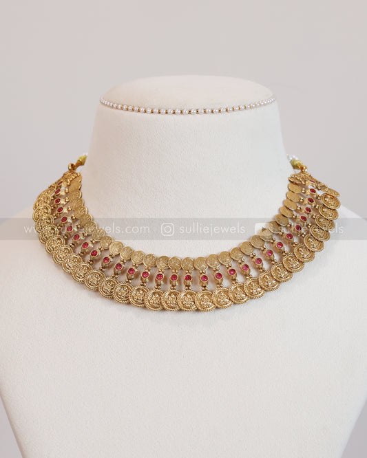 3686 - Sullie Basic Double Layer Ruby Coin Necklace with Stud
