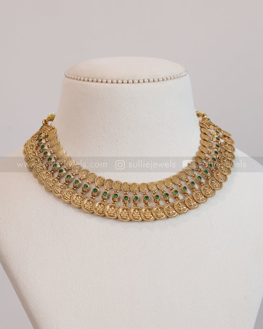 3687 - Sullie Basic Double Layer Green Coin Necklace with Stud
