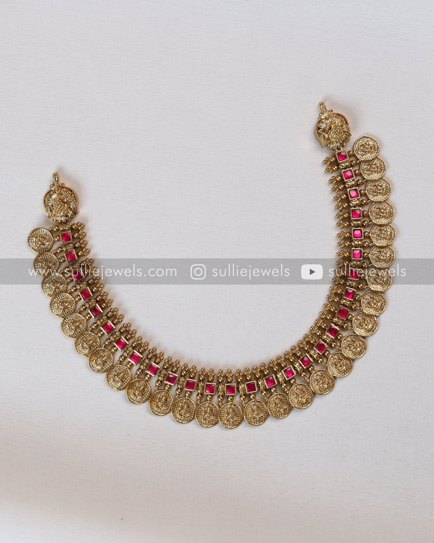 Pink Stone Coin Necklace with Gold Jhumka