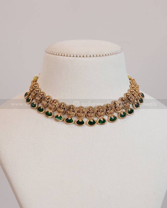 3696 - Sullie Basic Lakshmi Green Meenakari Necklace with Stud