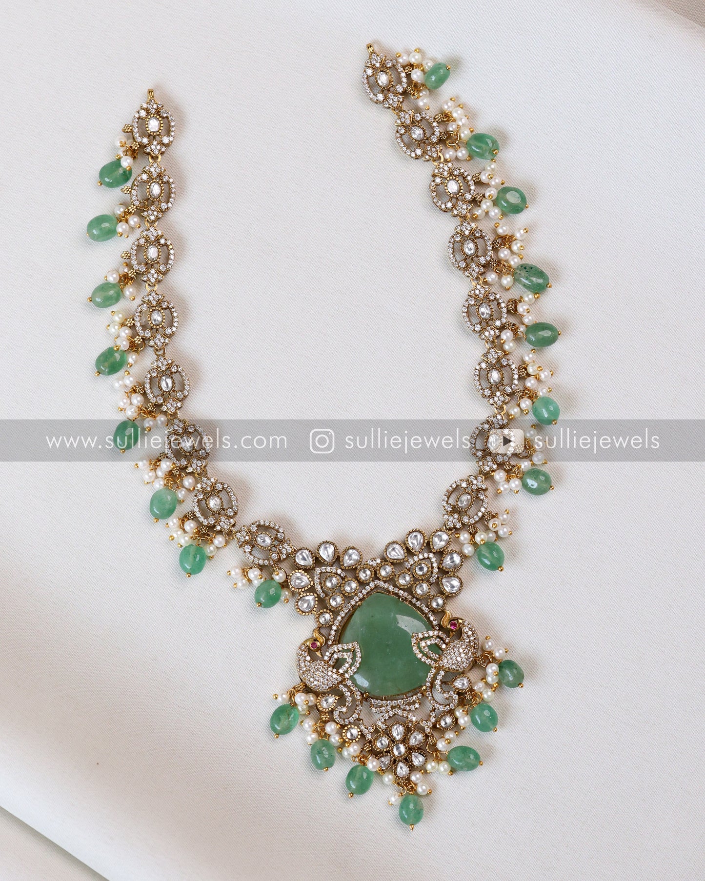Mint Premium Stone Victorian Necklace with Earring - Mint Beads
