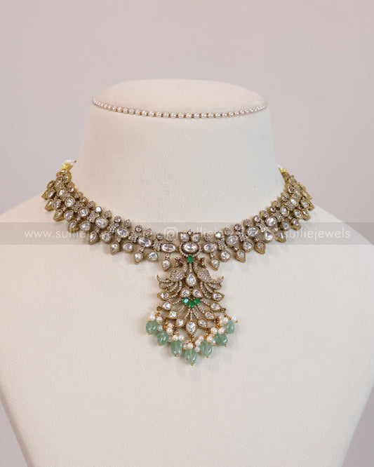 3637 - Mint Premium Victorian Stone Peacock Necklace with Earring