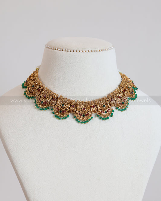 3824 - Sullie Basic - Floral Gold Broad Necklace with Jhumka - Green
