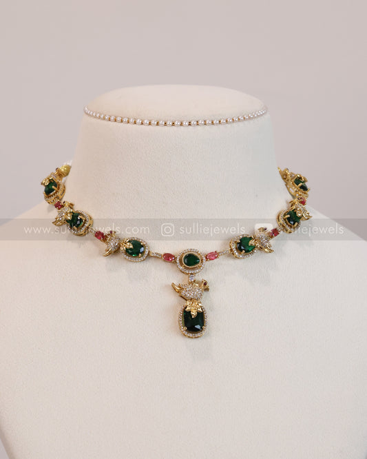 3643 - Emerald & Ruby Stone Parrot Necklace with Stud