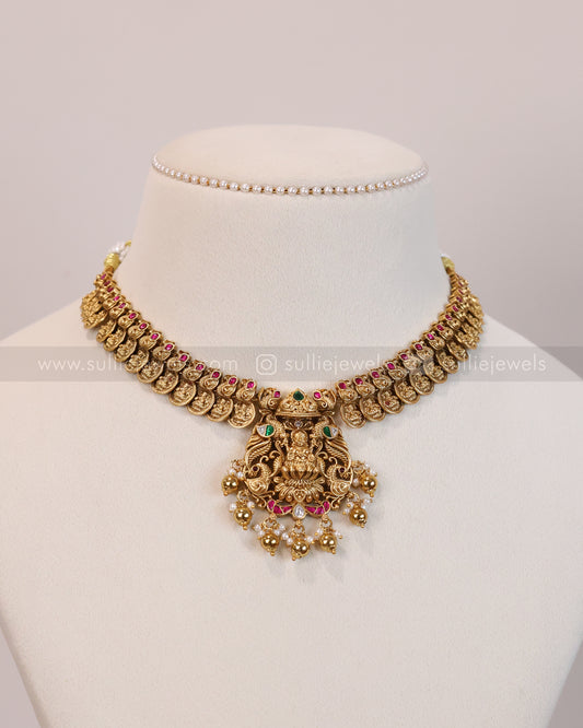3641 - Premium Coin Goddess Necklace with Jhumka - Gold Beads