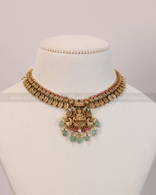 3642 - Premium Coin Goddess Necklace with Jhumka - Mint Beads