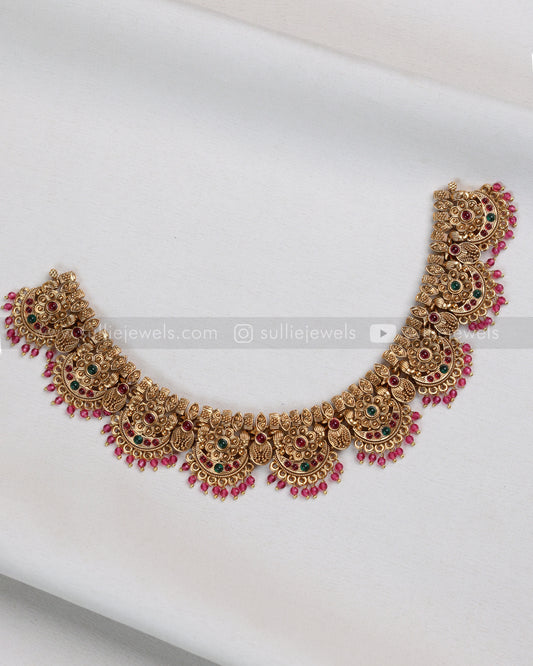 3823 - Sullie Basic - Floral Gold Broad Necklace with Jhumka - Ruby