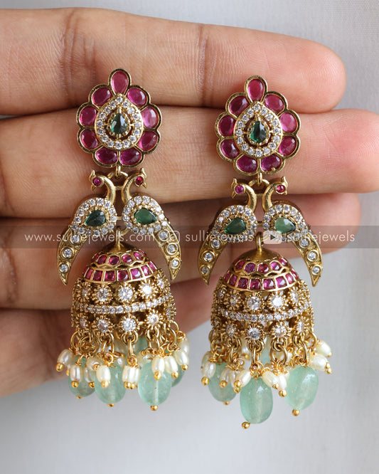 Peacock Kemp Ad Stone Jhumka with Mint Beads