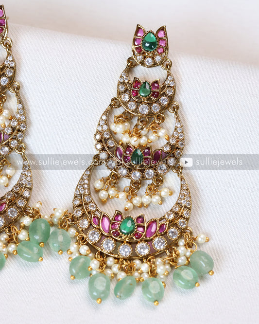 3 layer Kemp Chandbali Premium Earrings with Mint Beads
