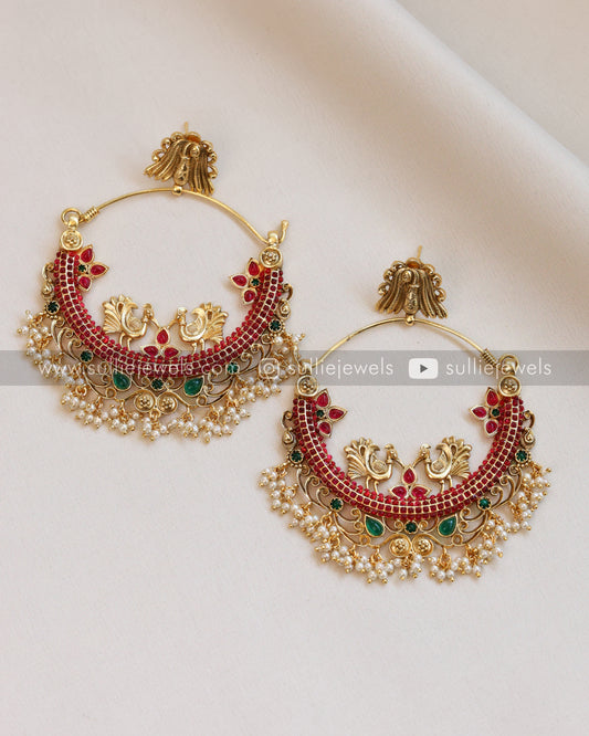 Peacock Chandbali Kemp Earrings - White & Multicolour