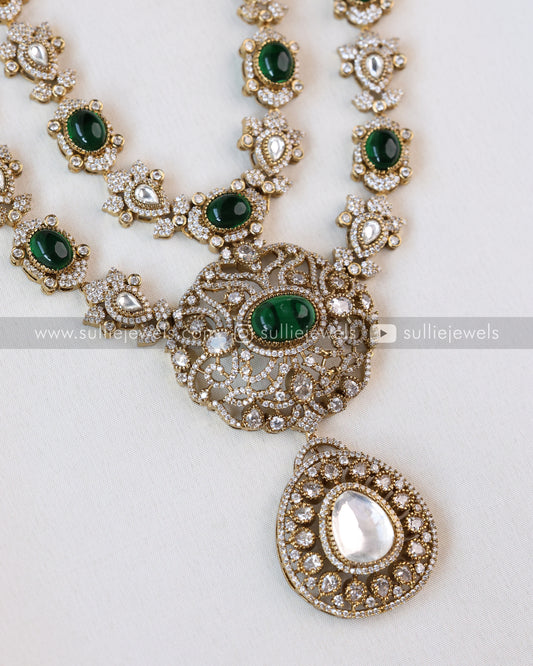 Two Layer Victorian Emerlad Polki Longchain / Haaram with Earrings - Green
