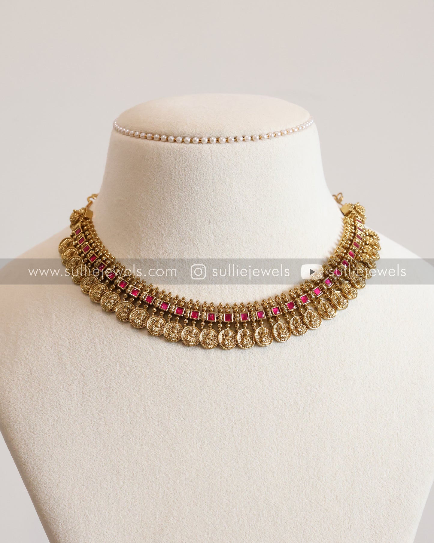 Pink Stone Coin Necklace with Gold Jhumka