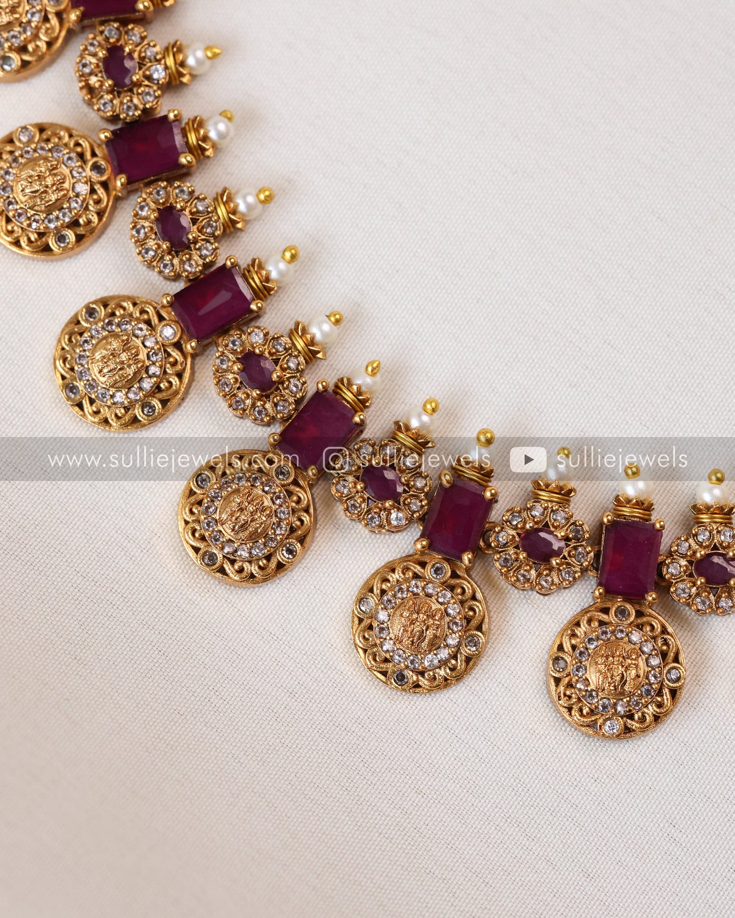Coin Ram Parivar Necklace with Stud - Ruby / Pink