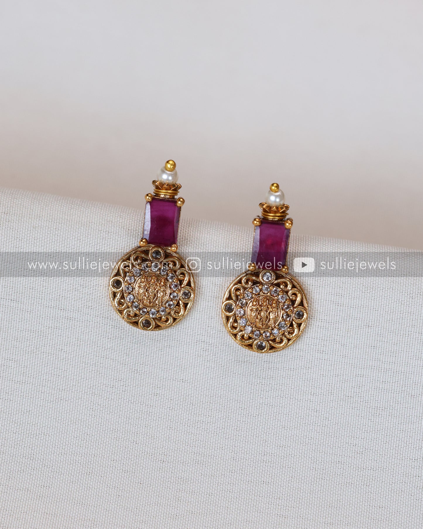 Coin Ram Parivar Necklace with Stud - Ruby / Pink