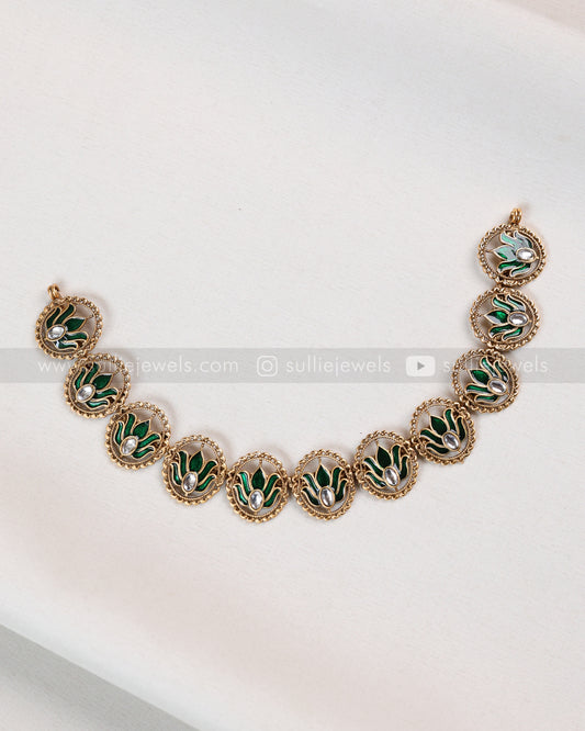 3849 - Sullie Basic Meenakari Green Lotus Necklace with Stud