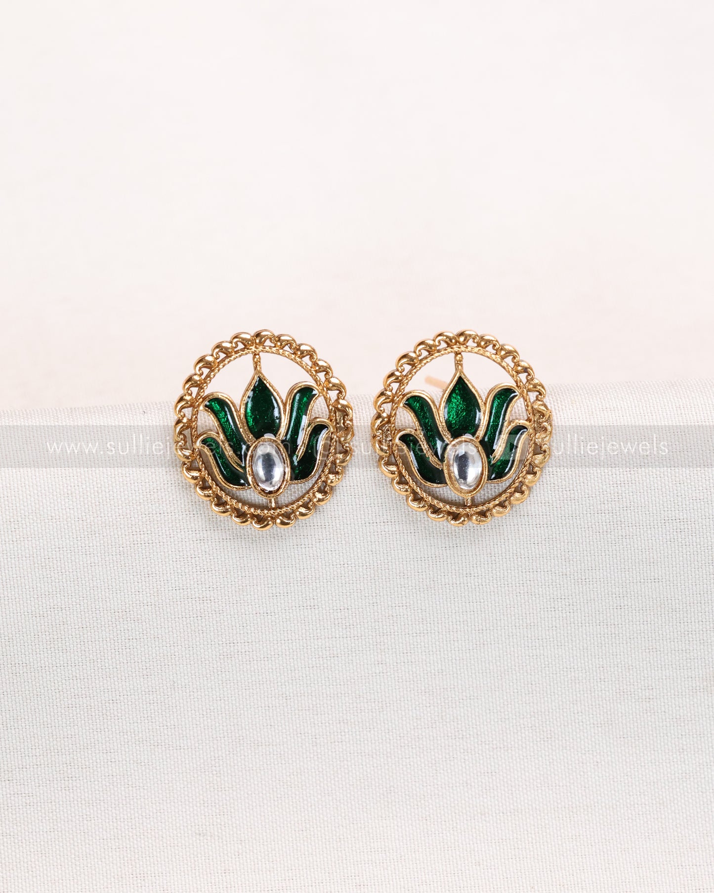 3849 - Sullie Basic Meenakari Green Lotus Necklace with Stud