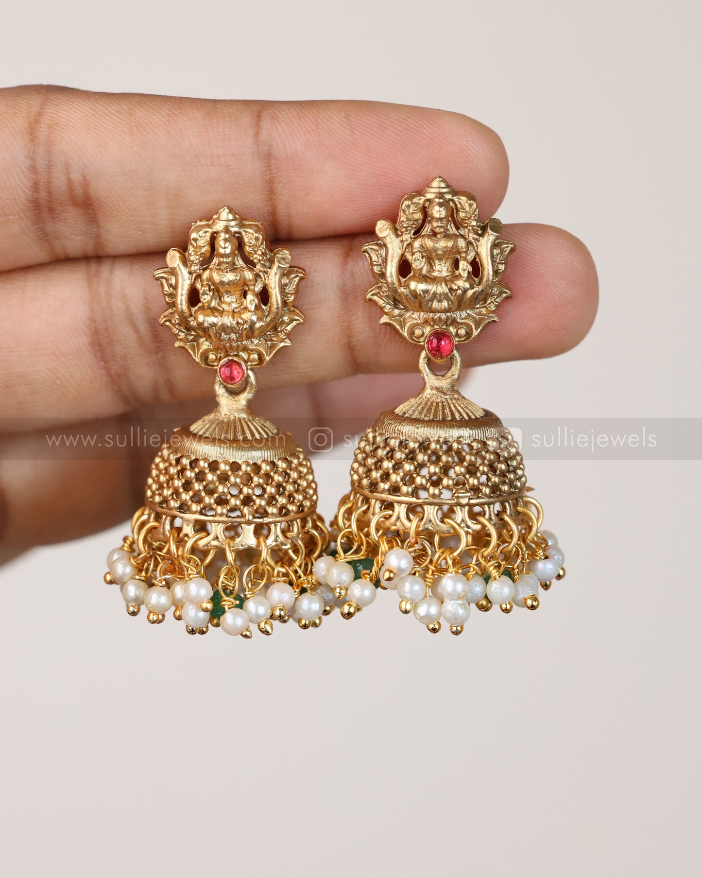 Sullie Basic - Peacock Lakshmi Pendant with Green & Coral Beads with Jhumka