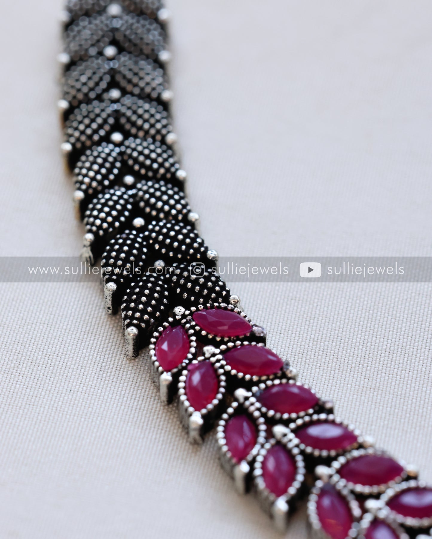Pink Stone Leaf Design Oxidised Necklace with Jhumka