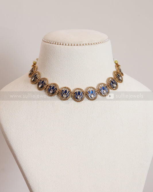 3825 - Sullie Basic Meenakari Blue Lotus Necklace with Stud