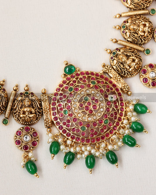 Chakra Broad Necklace (Green Beads) with Earring
