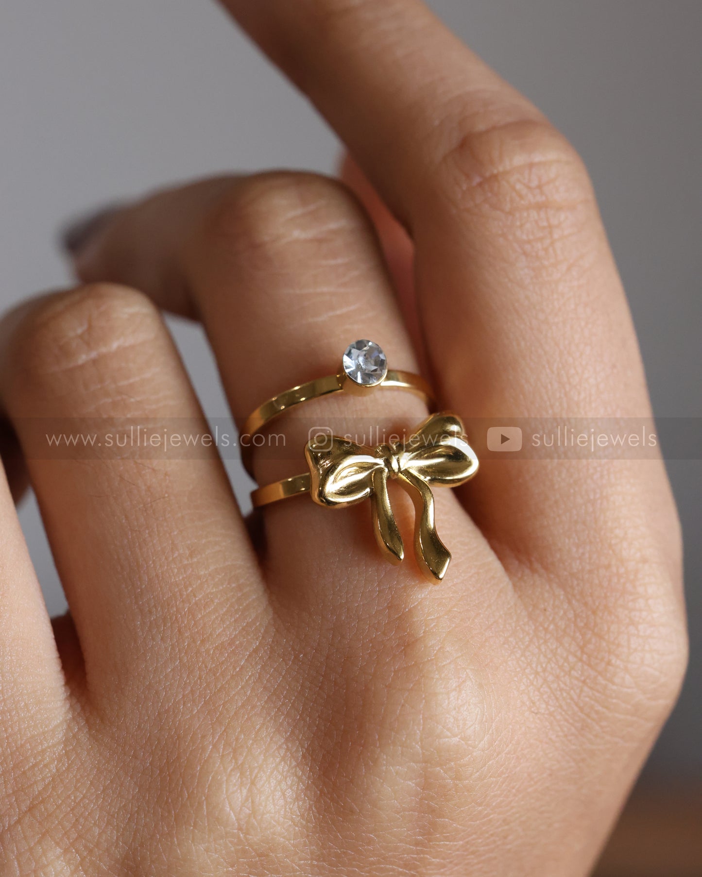 R20 - Golden Ribbon with Stone Double Layer Adjustable Ring