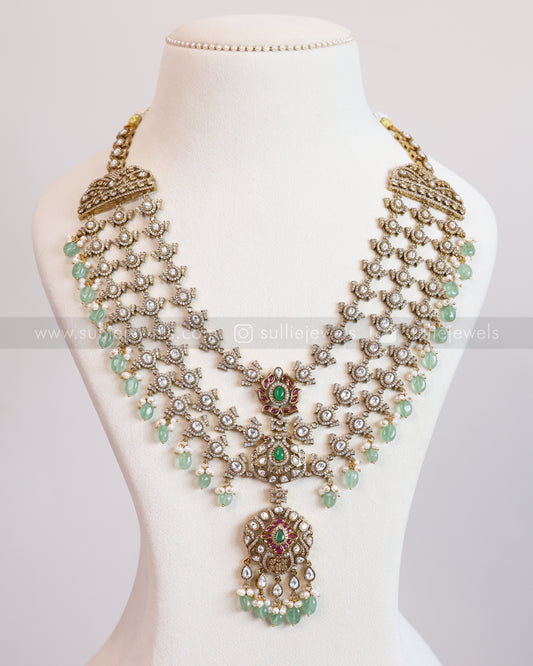 7121 - Premium Victorian Polki 3 Layer Mint Beads Long Chain with Earring