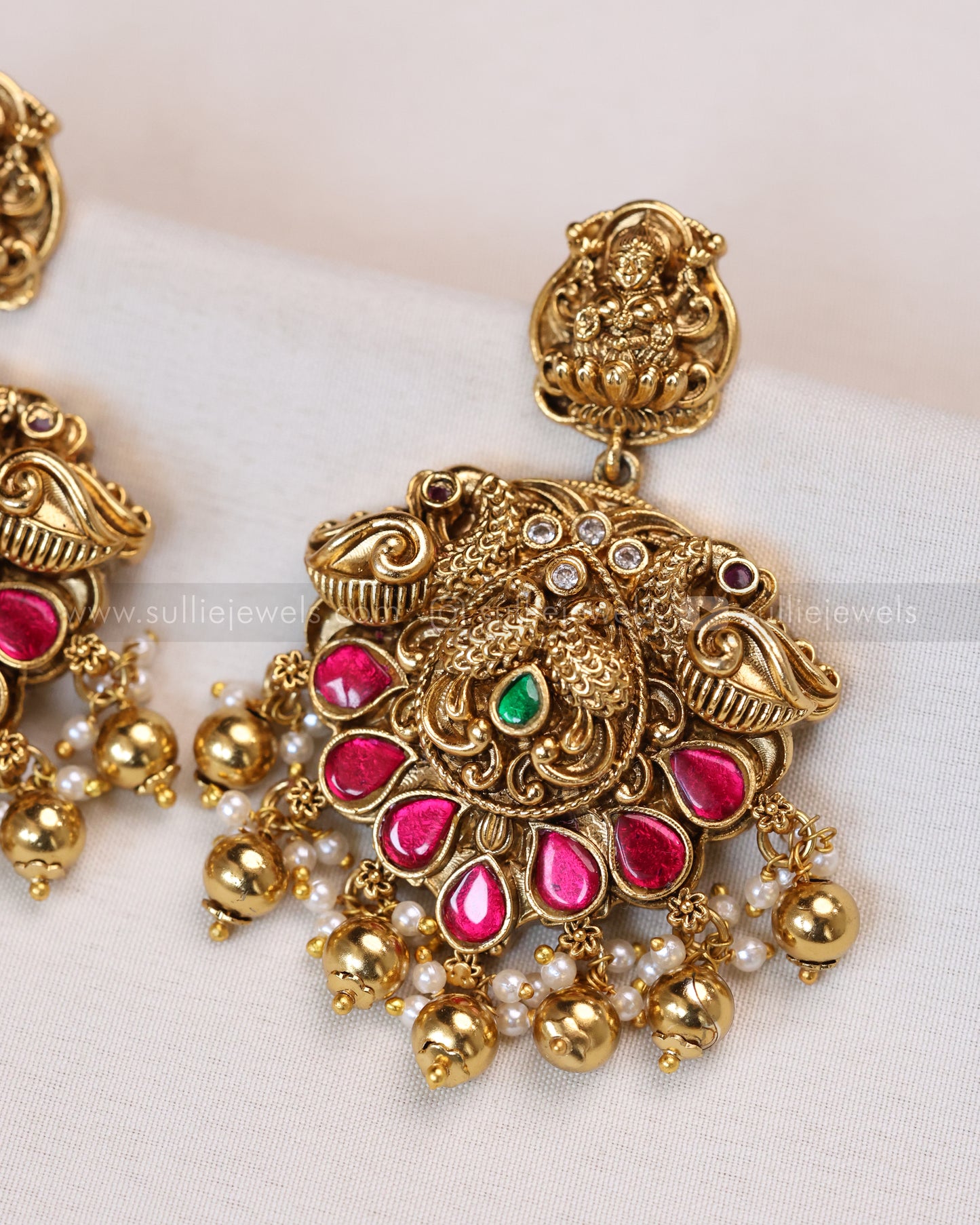 3679 - Double Layer Ruby Lakshmi Peacock Necklace with Earring