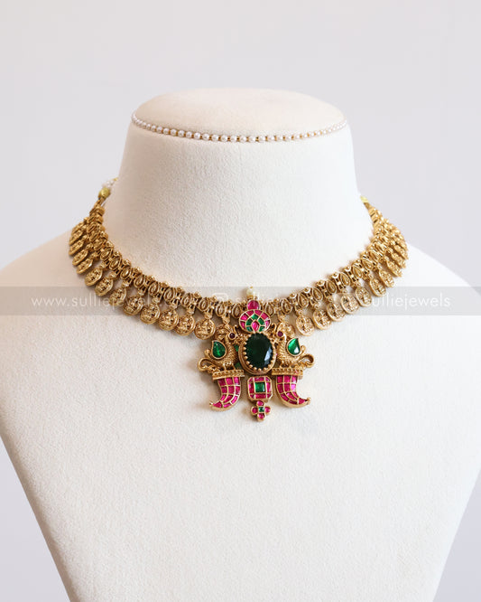 3685 - Jadau Premium Emerald Peacock Coin Necklace with Stud