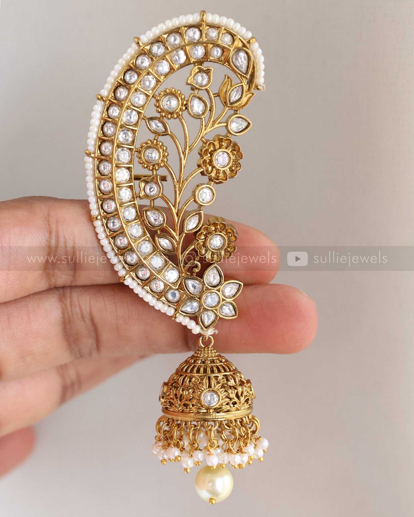 E1202 - Gold White Kemp Ear Cuff Jhumka