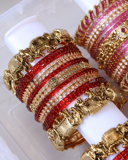 Premium Red Bridal Temple Bangle Combo - Set of 22 bangles