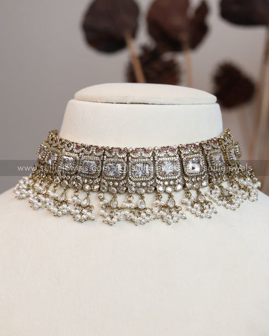 Premium White Stone Choker with Earrings