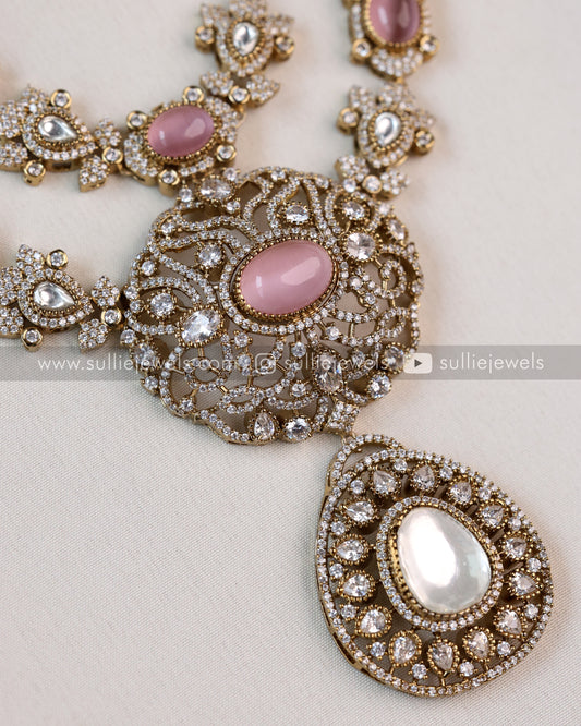 Two Layer Victorian Emerlad Polki Longchain / Haaram with Earrings - Pastel Pink