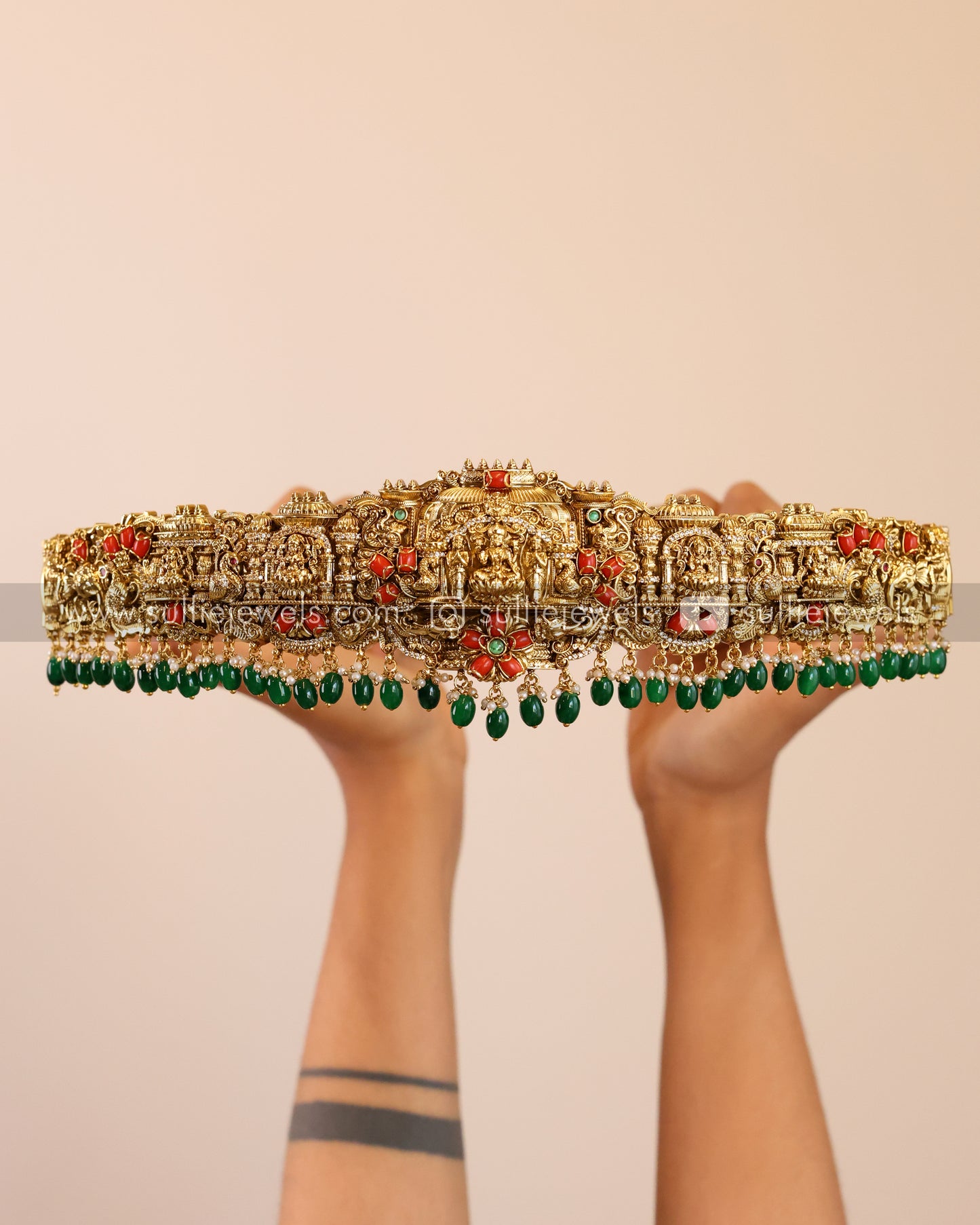 Premium Goddess Coral Bridal Hipbelt - Green Beads