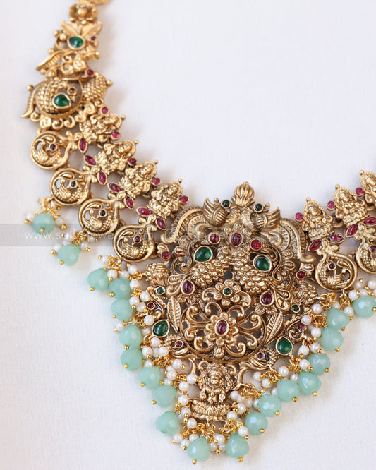 Sullie Basic - Peacock Lakshmi Necklace with Mint Beads and Earrings