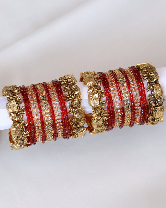 Premium Red Bridal Temple Bangle Combo - Set of 22 bangles