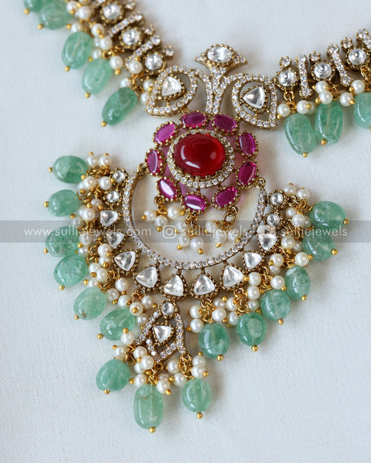 Ruby Premium Victorian Double Layer Necklace with Earring - Mint Beads
