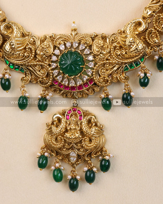 Lakshmi Designer Emerald Long Chain / Haaram with Earring
